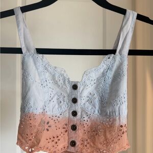 Two-Tone Eyelet Button-Up Crop Top